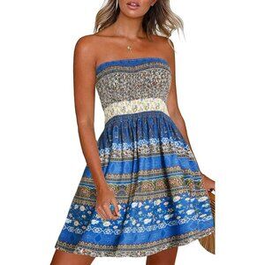 Women Boho Floral Blue Strapless Off Shoulder Cover Ups Casual Beach Sundress